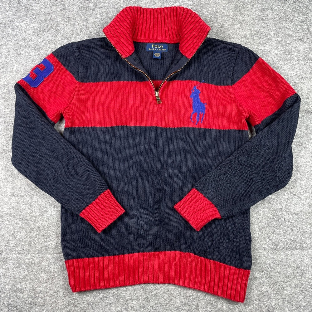 Polo Ralph Lauren Sweater Boys L (14-16) Blue Red Striped Quarter Zip Big Pony
